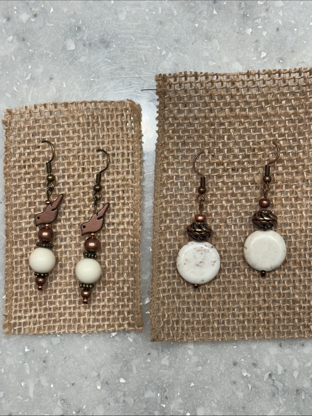 Set of 2: Cream Stone and Bronze Drop Earrings for Women